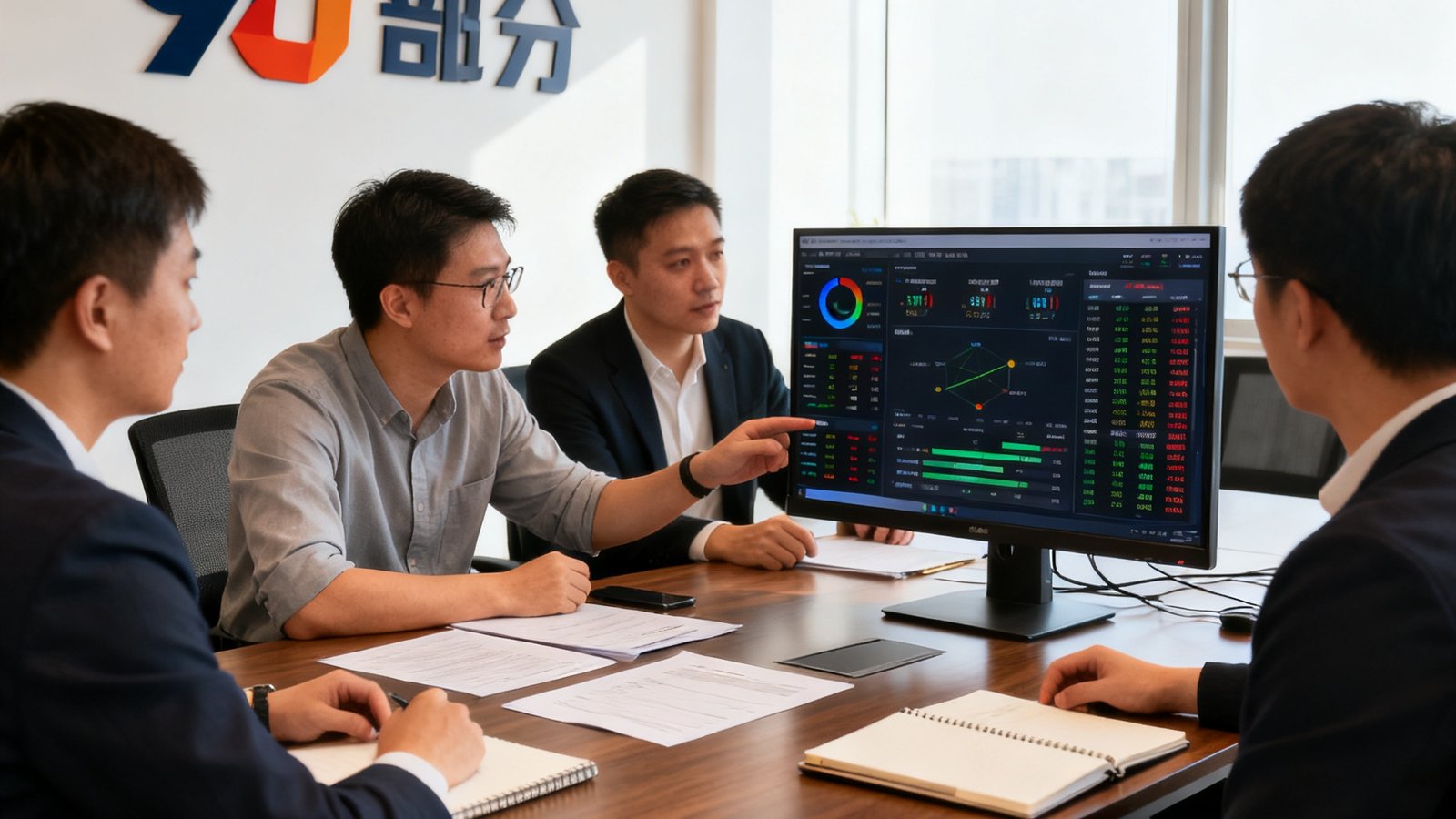 90比分创始团队和数据分析师在办公室讨论实时数据仪表盘和赛事预测模型