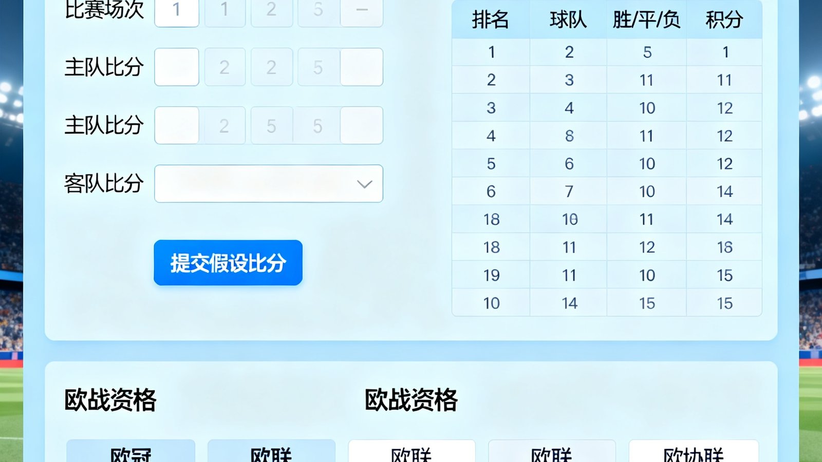 积分榜模拟器界面,用户可输入多场假设比分并实时更新联赛排名与欧战资格